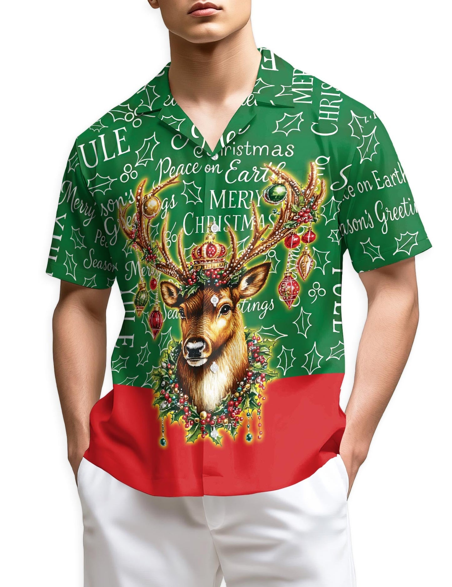Reindeer Christmas Hawaiian Shirt for Men, Button Down Aloha Shirt - Azhawaiian