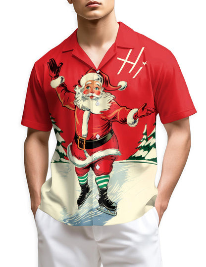 Vintage Ice Skating Santa Hawaiian Shirt for Men, Button Down Aloha Shirt - Azhawaiian
