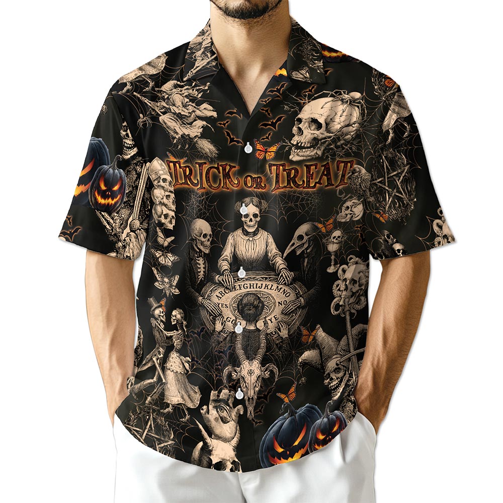 Vintage Skull Halloween Hawaiian Shirt for Men, Button Down Aloha Shirt - Azhawaiian