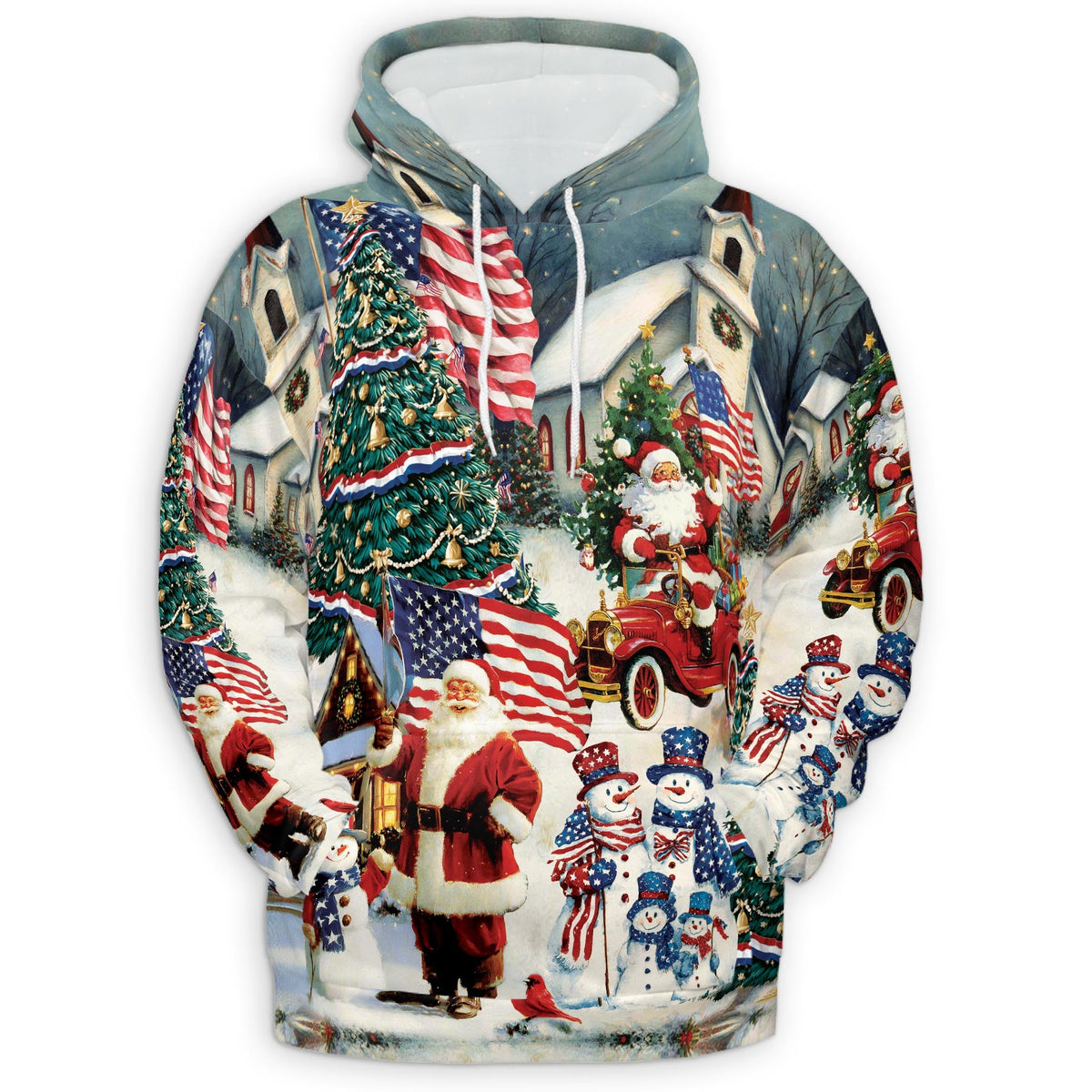 American Flag Santa Christmas All Over Print Hoodie, Patriotic Graphic Design