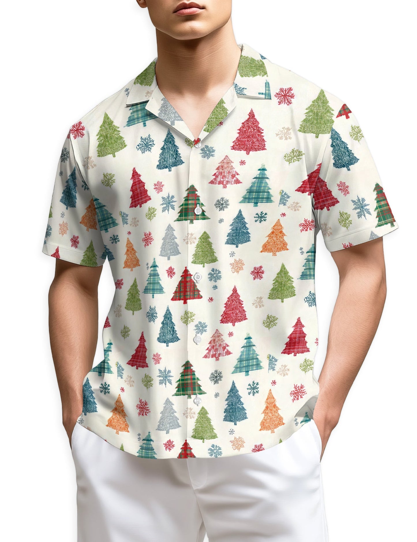Christmas Tree Pattern Hawaiian Shirt for Men, Button Down Aloha Shirt - Azhawaiian