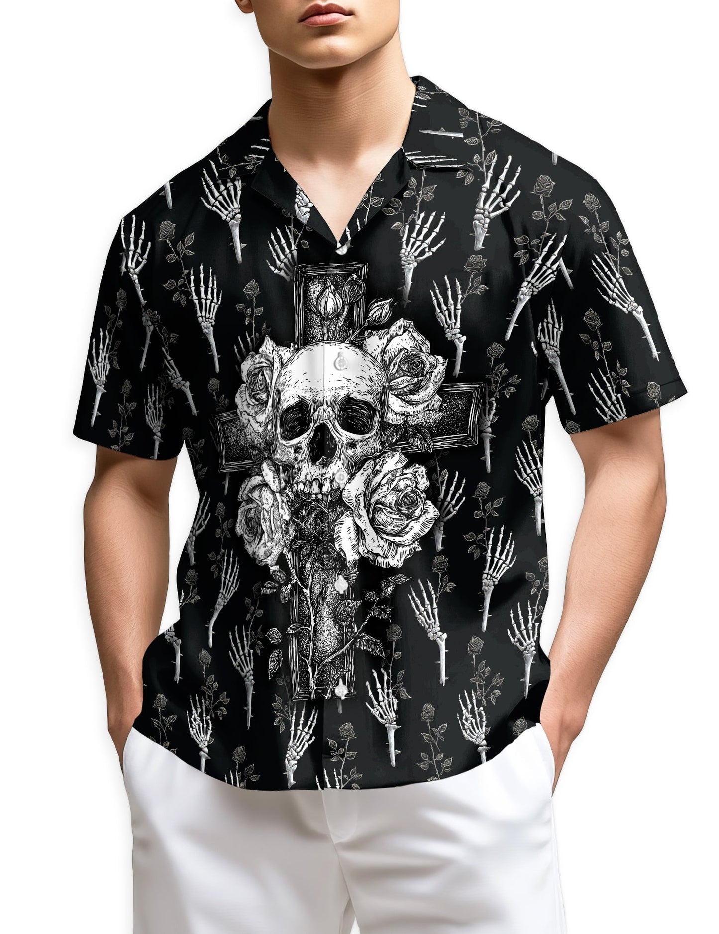 Black And White Skull Roses Hawaiian Shirt for Men, Button Down Aloha Shirt - Azhawaiian