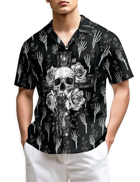 Black And White Skull Roses Hawaiian Shirt for Men, Button Down Aloha Shirt - Azhawaiian