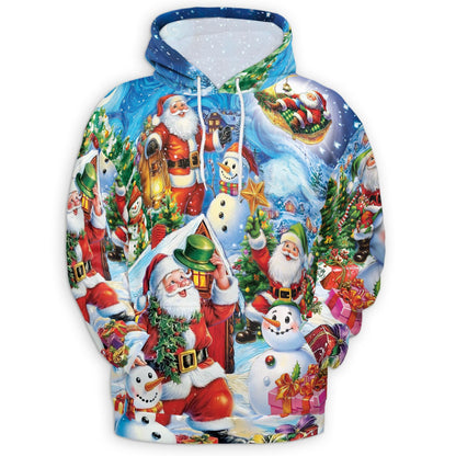 Santa Claus and Snowman All Over Print Hoodie, Graphic Design Festive Christmas