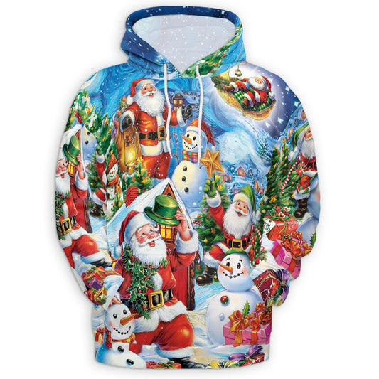 Santa Claus and Snowman All Over Print Hoodie, Graphic Design Festive Christmas
