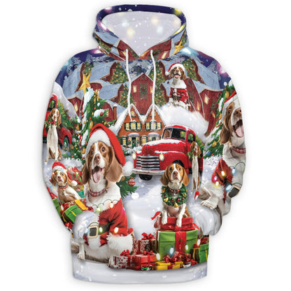Brittany Spaniel Christmas All Over Print Hoodie, Festive Dog Graphic Design