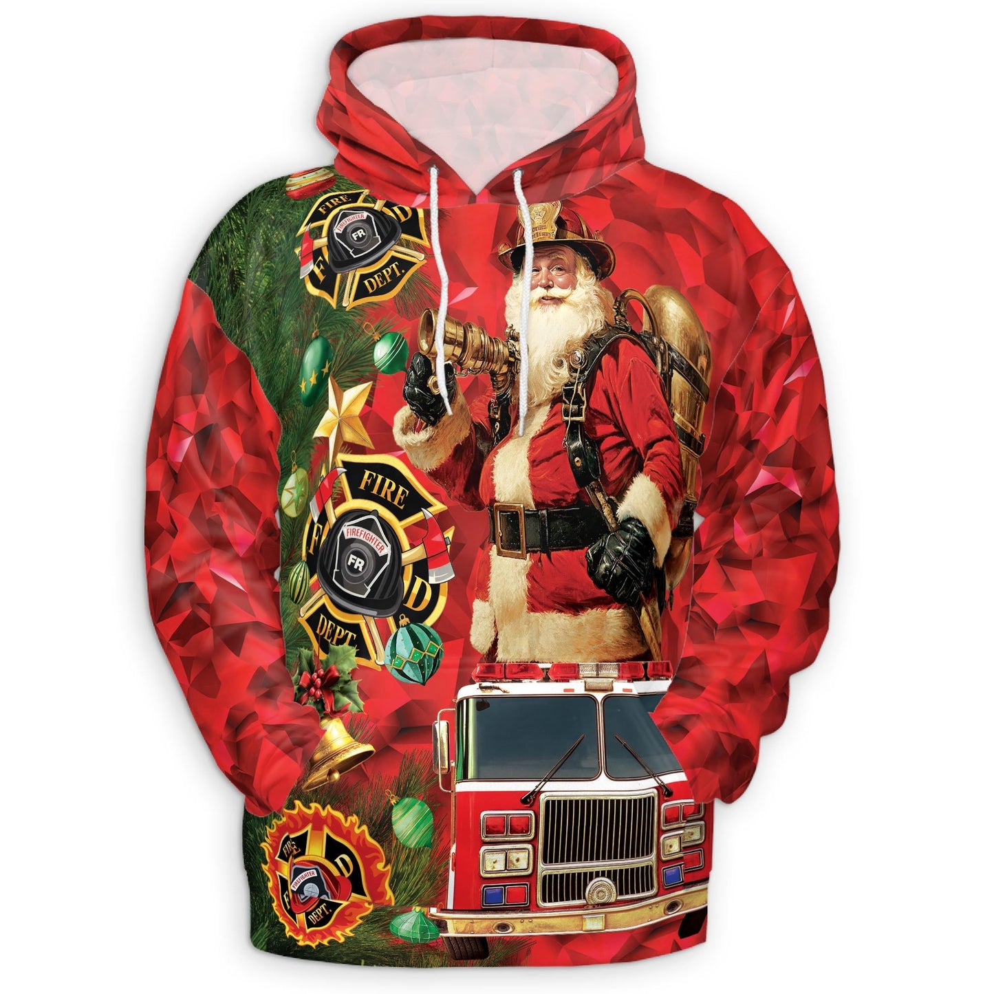 Firefighter Santa Claus Christmas All Over Print Hoodie, Fire Truck Graphic Design
