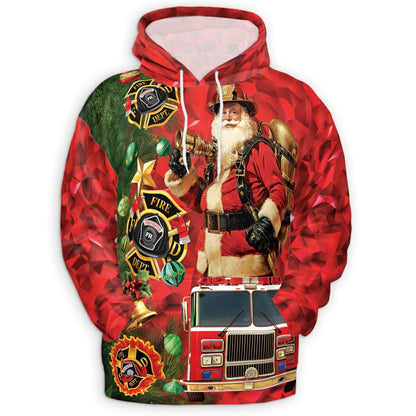 Firefighter Santa Claus Christmas All Over Print Hoodie, Fire Truck Graphic Design
