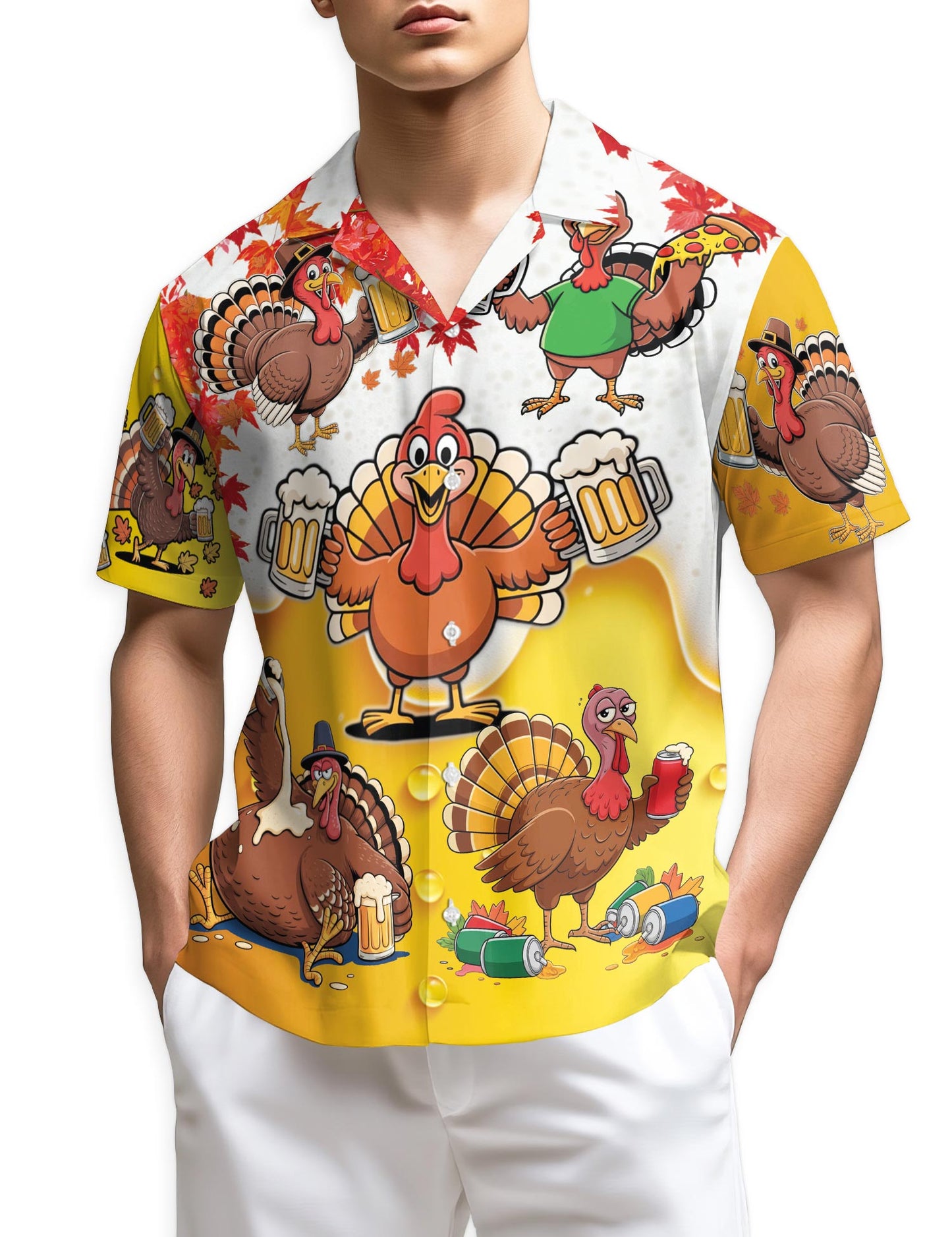 Funny Drunk Turkey Thanksgiving Hawaiian Shirt for Men, Button Down Aloha Shirt - Azhawaiian