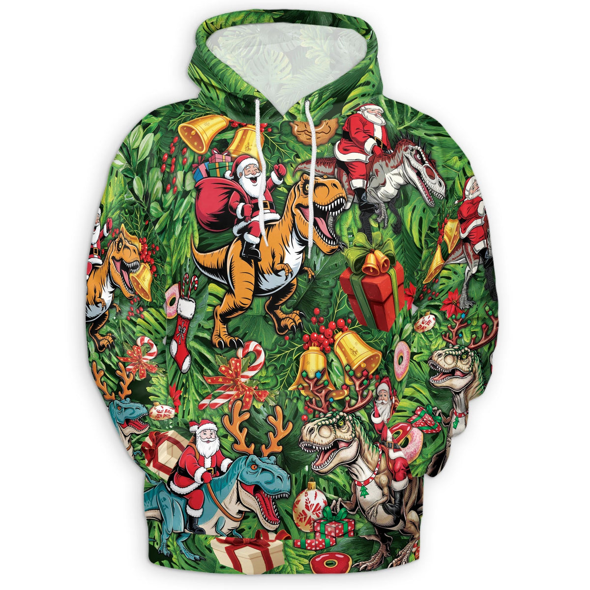 Santa Claus Riding Dinosaur All Over Print Hoodie, Funny T-Rex Graphic Design
