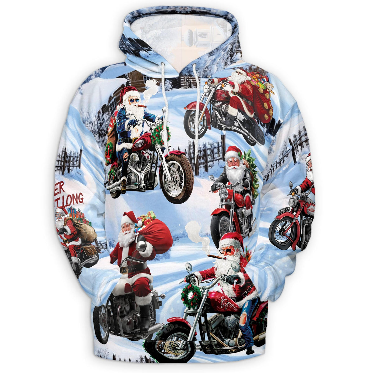 Santa Claus Motorcycle Christmas All Over Print Hoodie, Graphic Design Winter Snow
