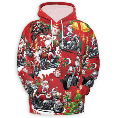 Santa Claus Riding Motorcycle All Over Print Hoodie, Holiday Biker Graphic Design
