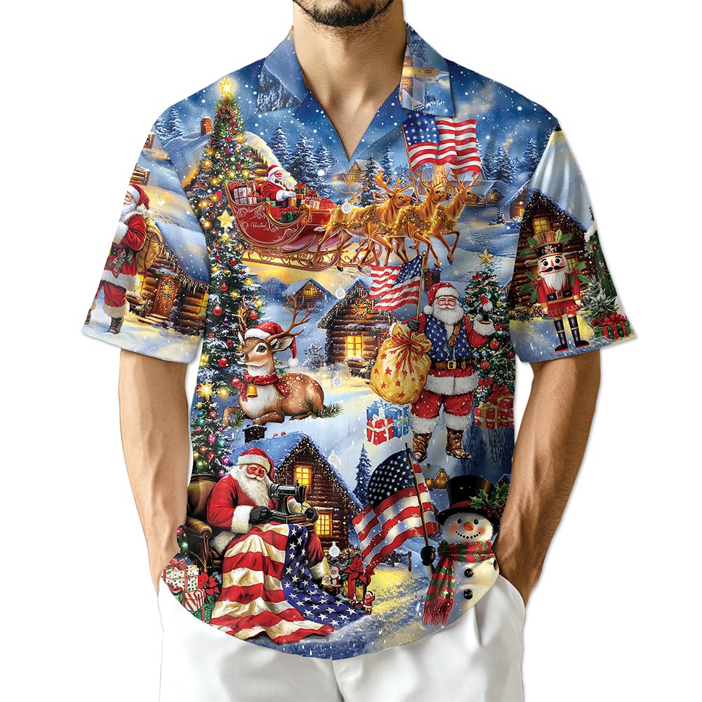 Patriotic Santa Claus Christmas Hawaiian Shirt for Men, Button Down Aloha Shirt - Azhawaiian