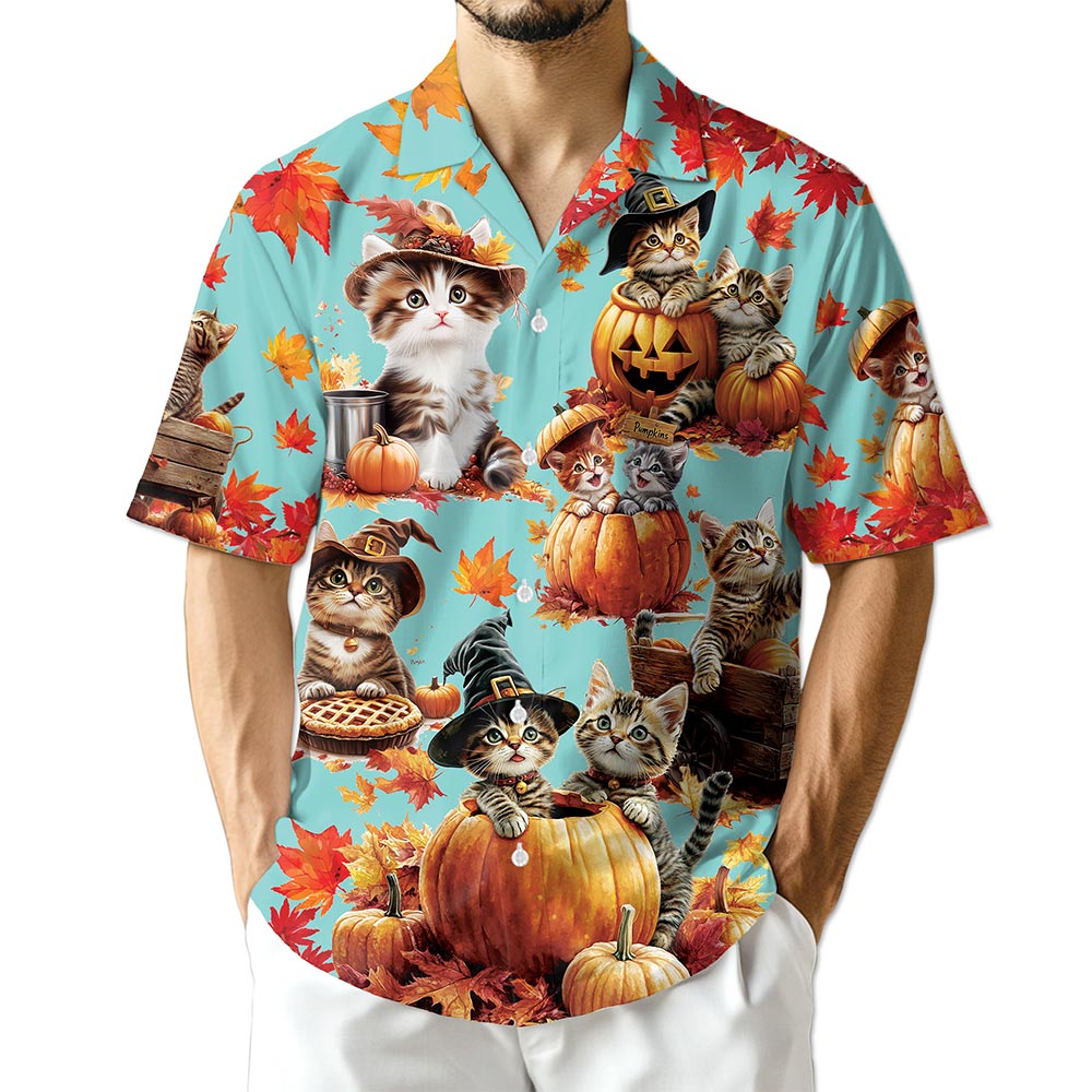 Cat Pumpkin Hawaiian Shirt for Men, Button Down Aloha Shirt - Azhawaiian