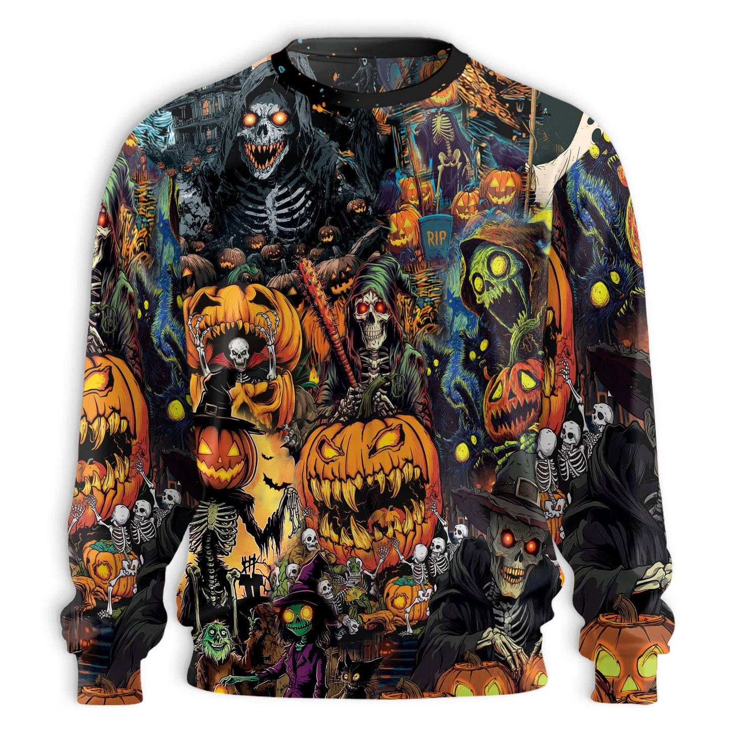 Halloween Skeleton Pumpkin Unisex Sweatshirt – Colorful Graphic 3D All Over Print Design