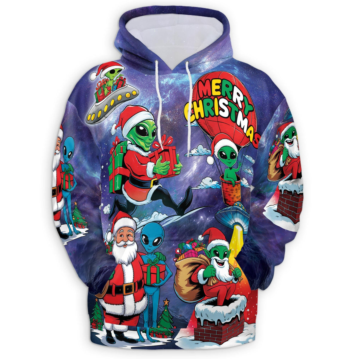 Alien Santa Claus Christmas All Over Print Hoodie, Graphic Design Galaxy Space