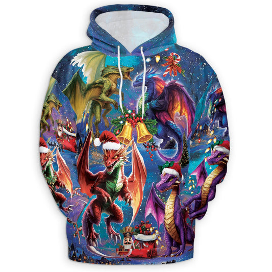 Christmas Dragon All Over Print Hoodie, Fantasy Fire Dragon Graphic Design