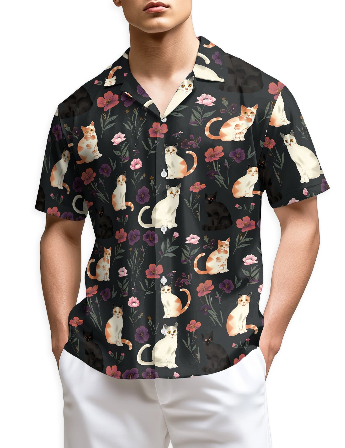 Cute Cat White Hawaiian Shirt for Men, Button Down Aloha Shirt - Azhawaiian