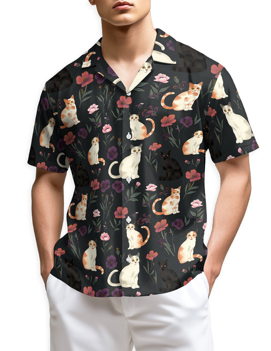 Cute Cat White Hawaiian Shirt for Men, Button Down Aloha Shirt - Azhawaiian