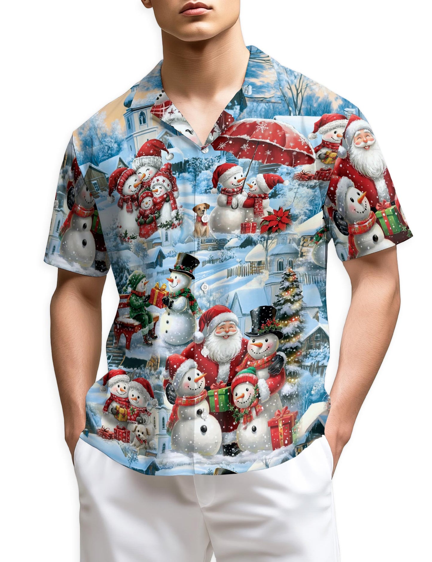 Snowman and Santa Claus Christmas Hawaiian Shirt for Men, Button Down Aloha Shirt - Azhawaiian