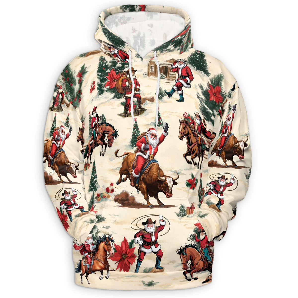 Cowboy Santa Claus All Over Print Hoodie, Western Rodeo Graphic Design