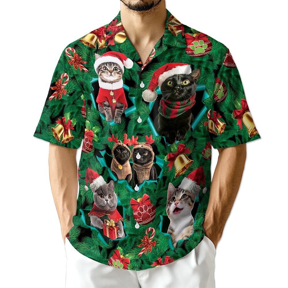 Christmas Cats Hawaiian Shirt for Men, Button Down Aloha Shirt - Azhawaiian