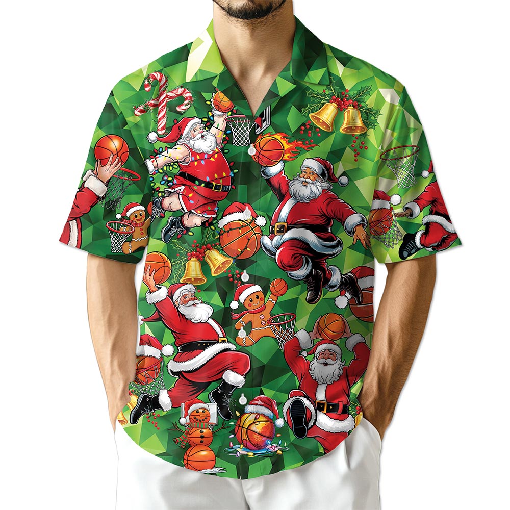 Santa Claus Basketball Christmas Hawaiian Shirt for Men, Button Down Aloha Shirt - Azhawaiian
