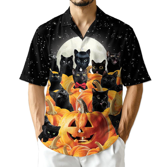 Cute Black Cat Pumpkin Hawaiian Shirt for Men, Button Down Aloha Shirt - Azhawaiian