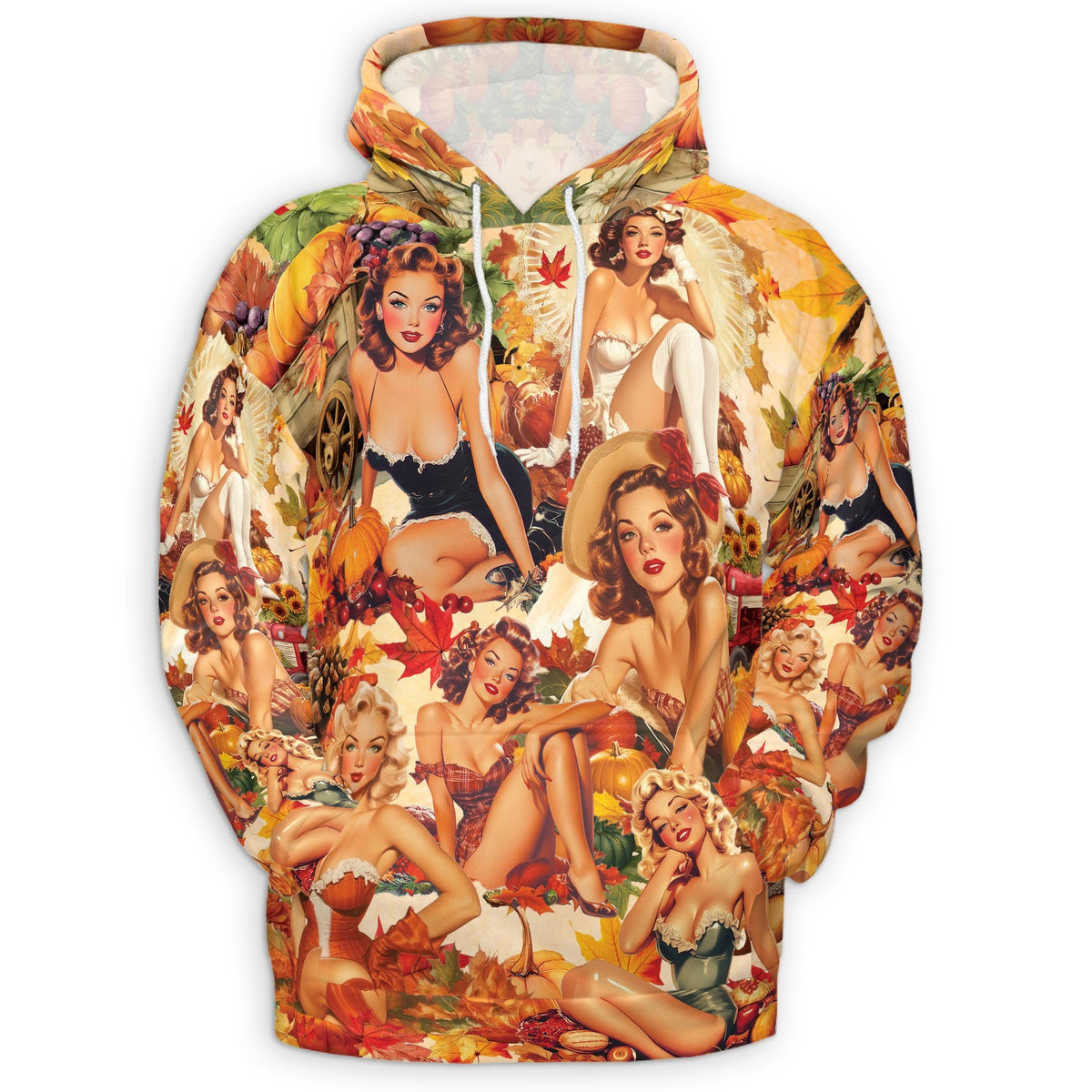 Fall Pin Up Girl All Over Print Hoodie, Vintage Autumn Babe Graphic Design