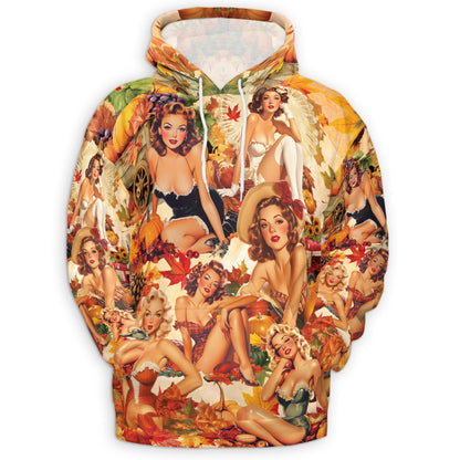 Fall Pin Up Girl All Over Print Hoodie, Vintage Autumn Babe Graphic Design