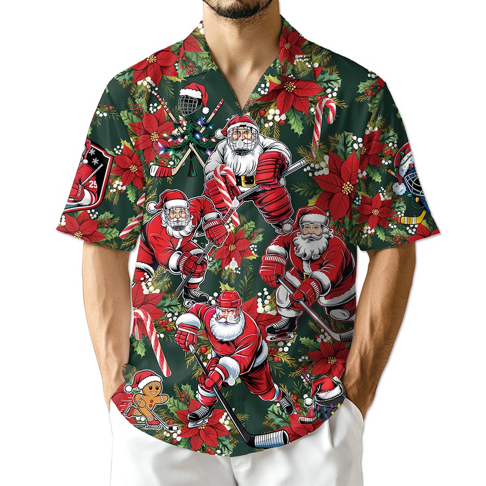 Santa Claus Hockey Hawaiian Shirt for Men, Button Down Aloha Shirt - Azhawaiian