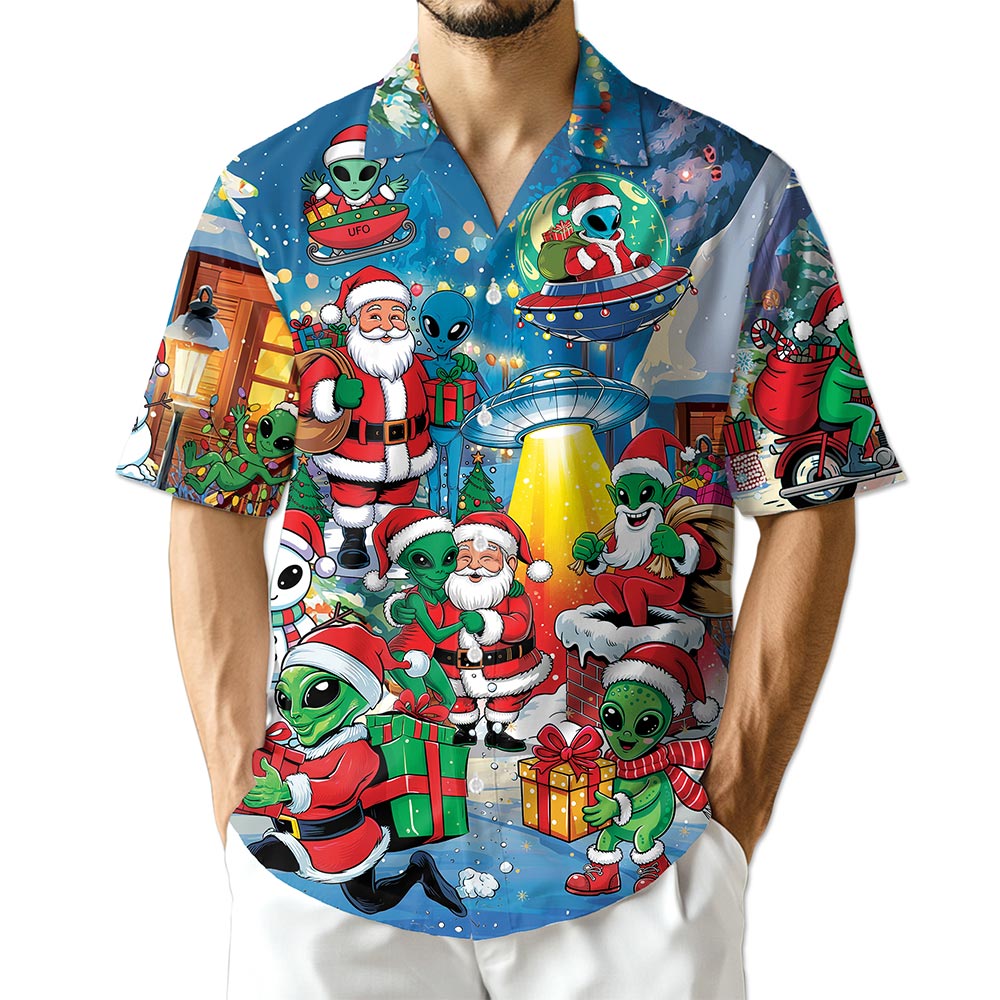 Alien and Santa Claus Christmas Hawaiian Shirt for Men, Button Down Aloha Shirt - Azhawaiian