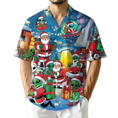Alien and Santa Claus Christmas Hawaiian Shirt for Men, Button Down Aloha Shirt - Azhawaiian