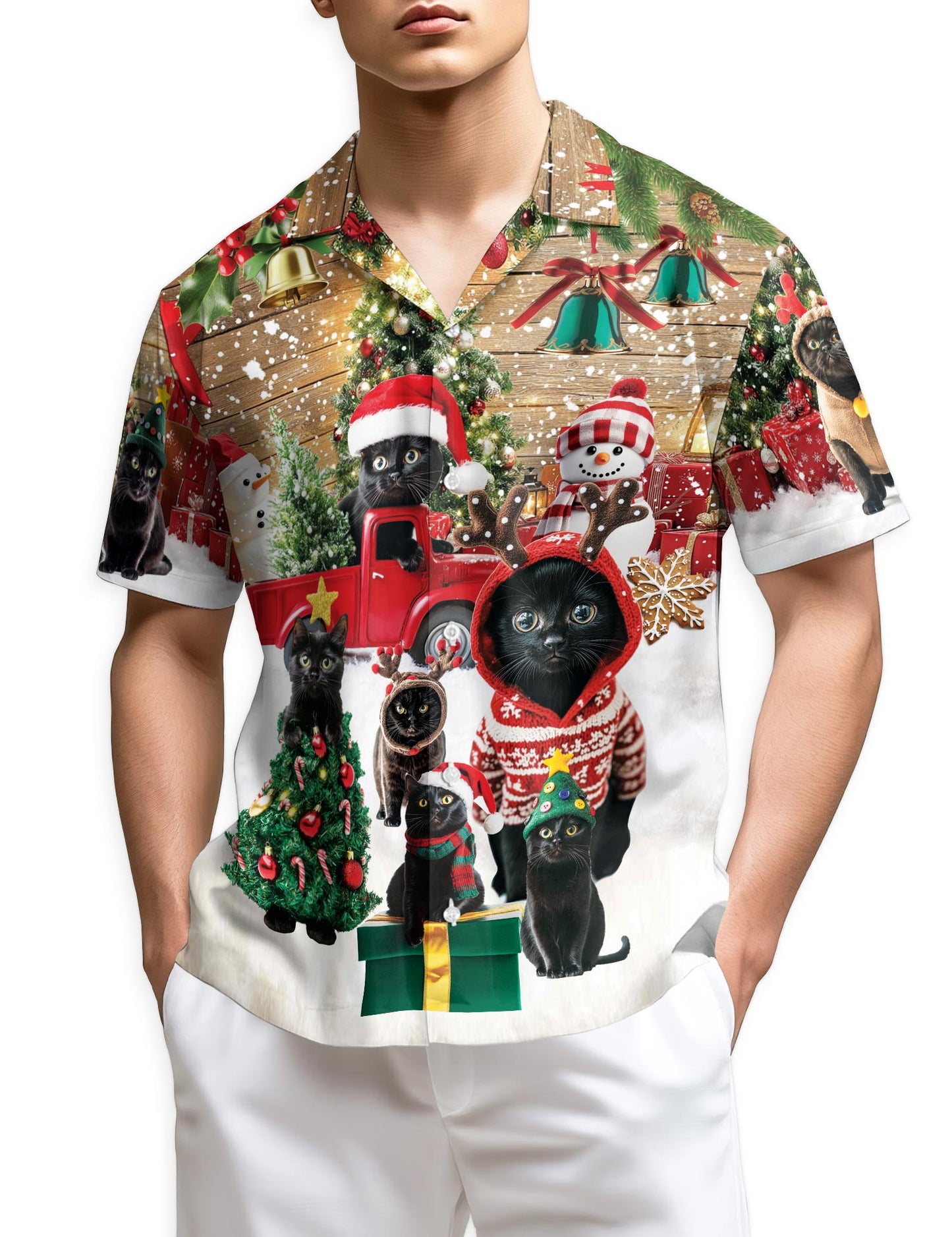 Black Cat Christmas Hawaiian Shirt for Men, Button Down Aloha Shirt - Azhawaiian