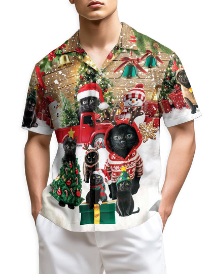 Black Cat Christmas Hawaiian Shirt for Men, Button Down Aloha Shirt - Azhawaiian