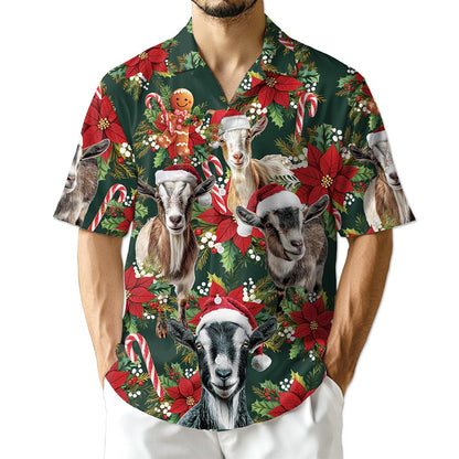 Funny Goat Christmas Hawaiian Shirt for Men, Button Down Aloha Shirt - Azhawaiian