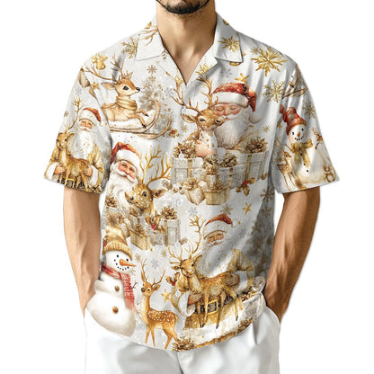 Golden Santa Claus and Reindeer Christmas Hawaiian Shirt for Men, Button Down Aloha Shirt - Azhawaiian
