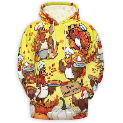 Happy Thanksgiving All Over Print Hoodie, Fall Leaves Pumpkin Graphic Design