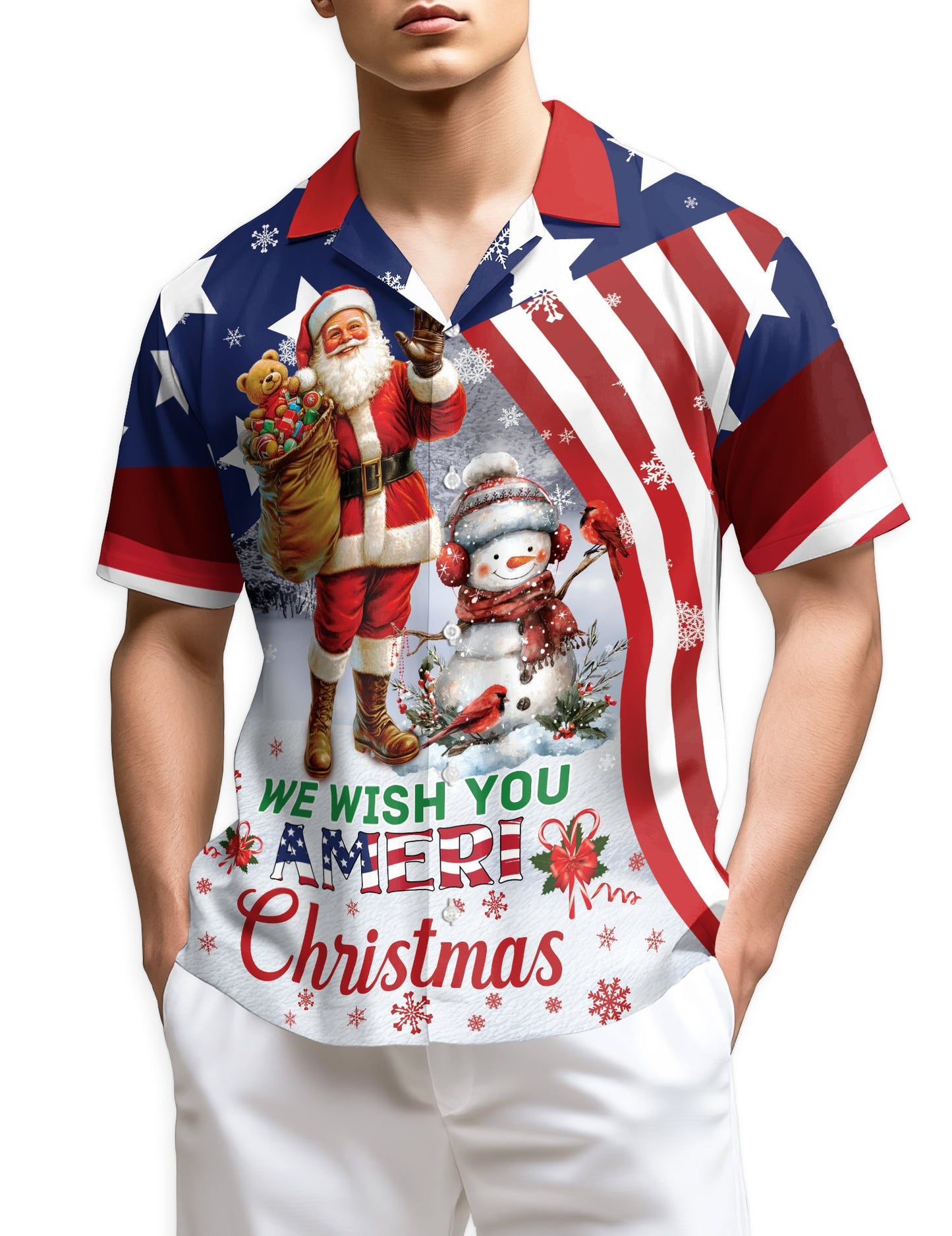 We Wish You Ameri Christmas Hawaiian Shirt for Men, Button Down Aloha Shirt - Azhawaiian