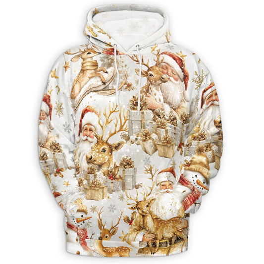 Golden Santa Claus and Reindeer Christmas All Over Print Hoodie, Graphic Design