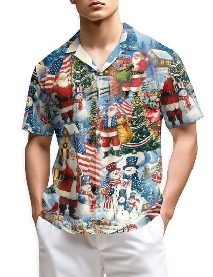 Vintage Santa Claus American Flag Christmas Hawaiian Shirt for Men, Button Down Aloha Shirt - Azhawaiian