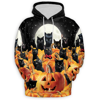 Cute Black Cat Pumpkin Halloween All Over Print Hoodie, Graphic Design Animal