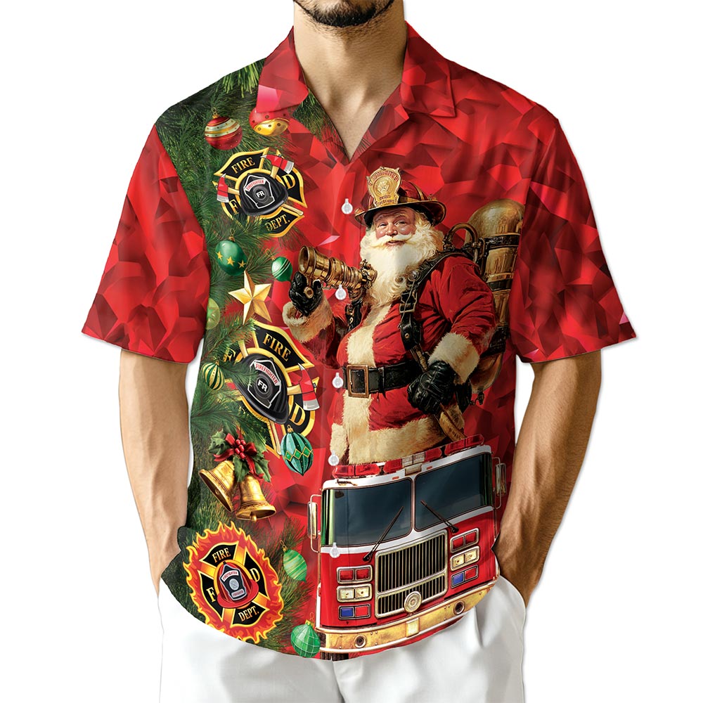 Firefighter Santa Claus Christmas Hawaiian Shirt for Men, Button Down Aloha Shirt - Azhawaiian