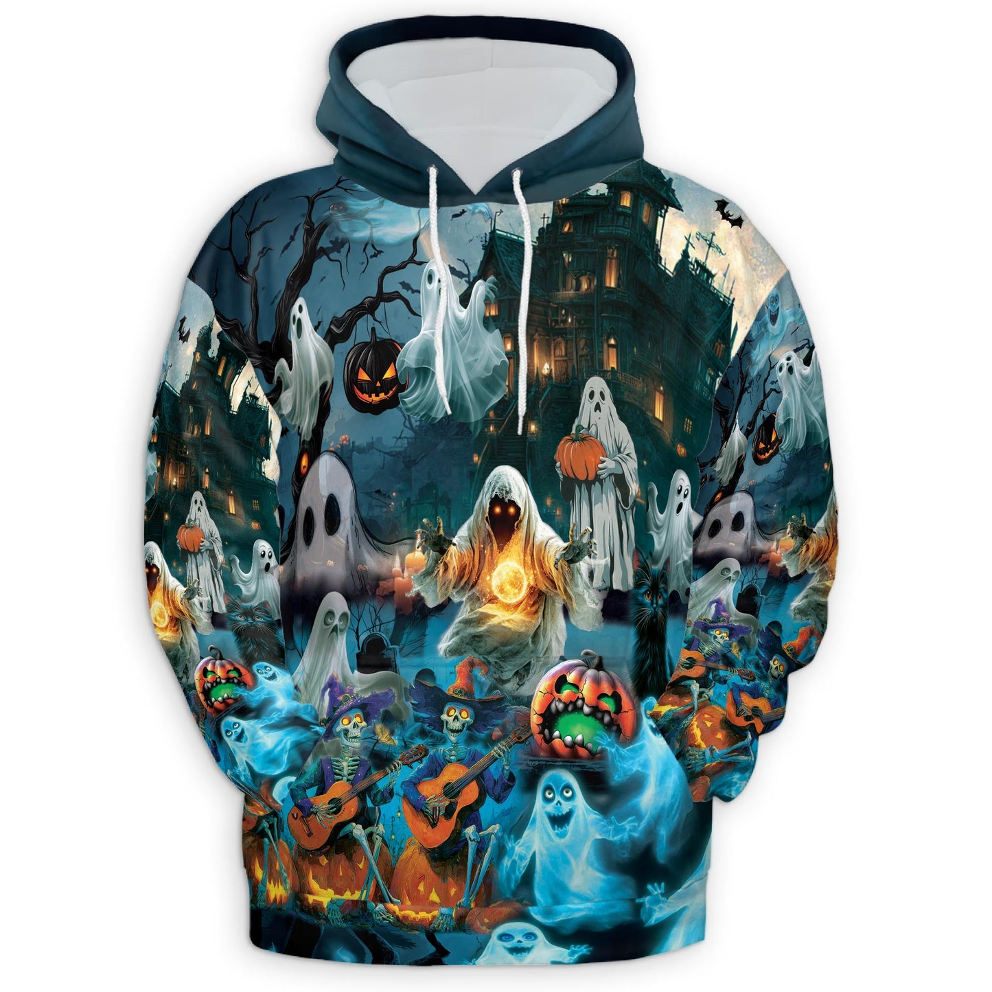 Halloween Ghost All Over Print Hoodie, Graphic Design Ghost Skeleton and Pumpkin