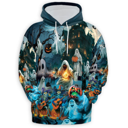 Halloween Ghost All Over Print Hoodie, Graphic Design Ghost Skeleton and Pumpkin