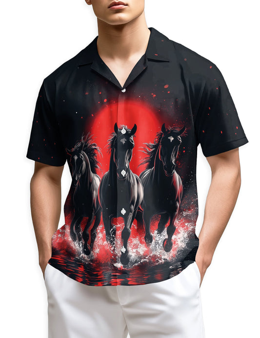 Vintage Japanese Horse Hawaiian Shirt for Men, Button Down Aloha Shirt