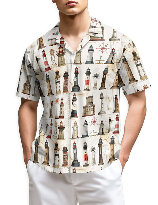 Lighthouse Pattern Hawaiian Shirt for Men, Button Down Aloha Shirt - Azhawaiian