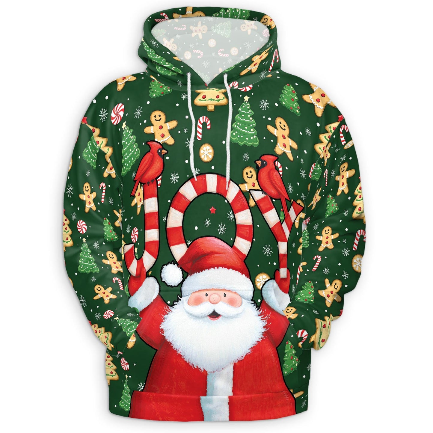 Santa Claus Joy Christmas All Over Print Hoodie, Gingerbread Graphic Design