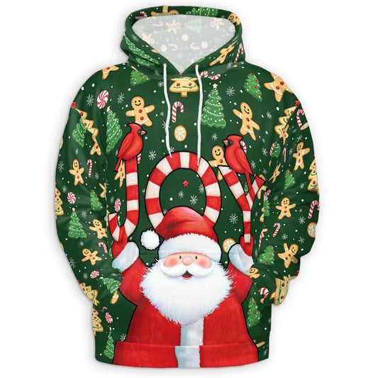Santa Claus Joy Christmas All Over Print Hoodie, Gingerbread Graphic Design
