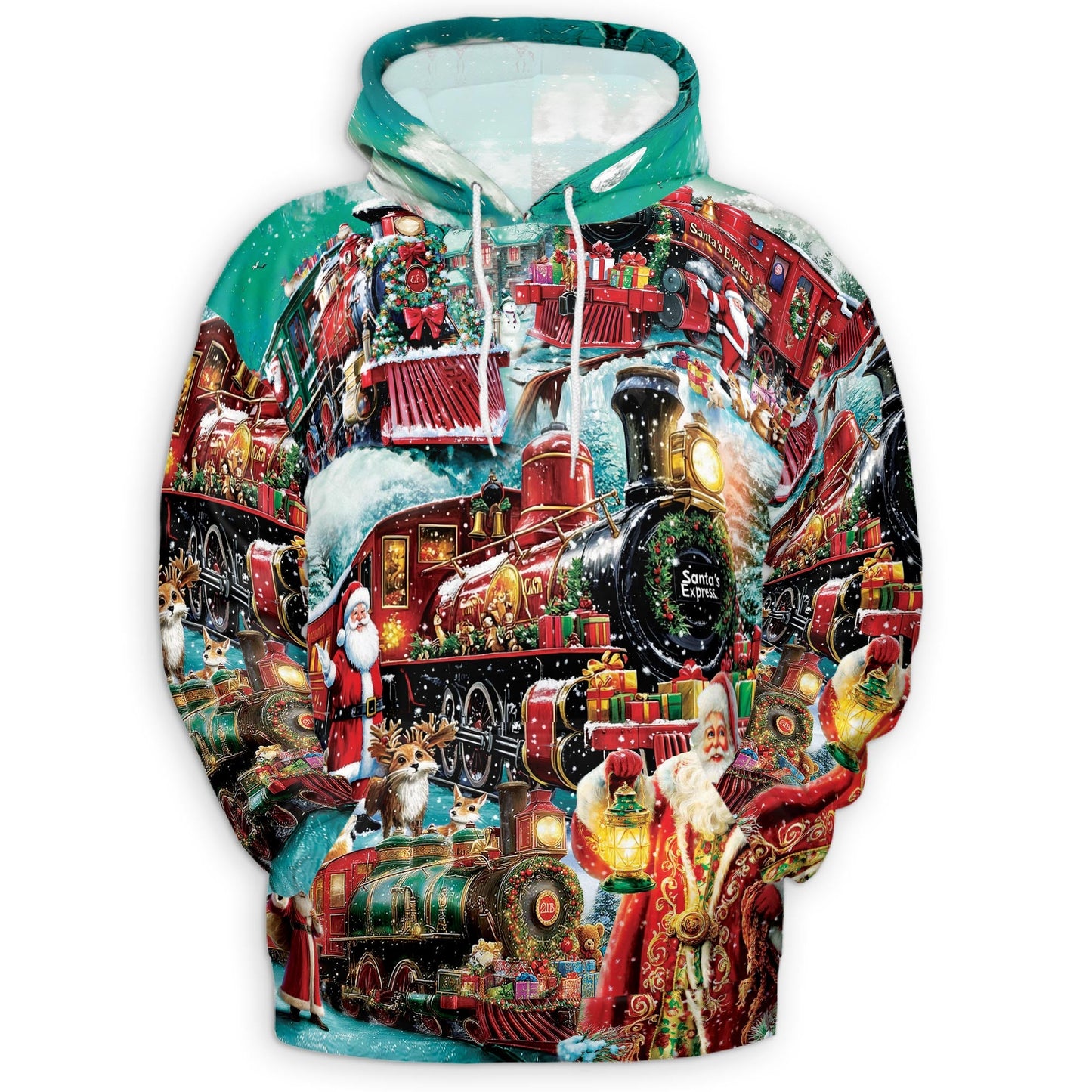 Santa Claus Christmas Train All Over Print Hoodie, Vintage Holiday Graphic Design
